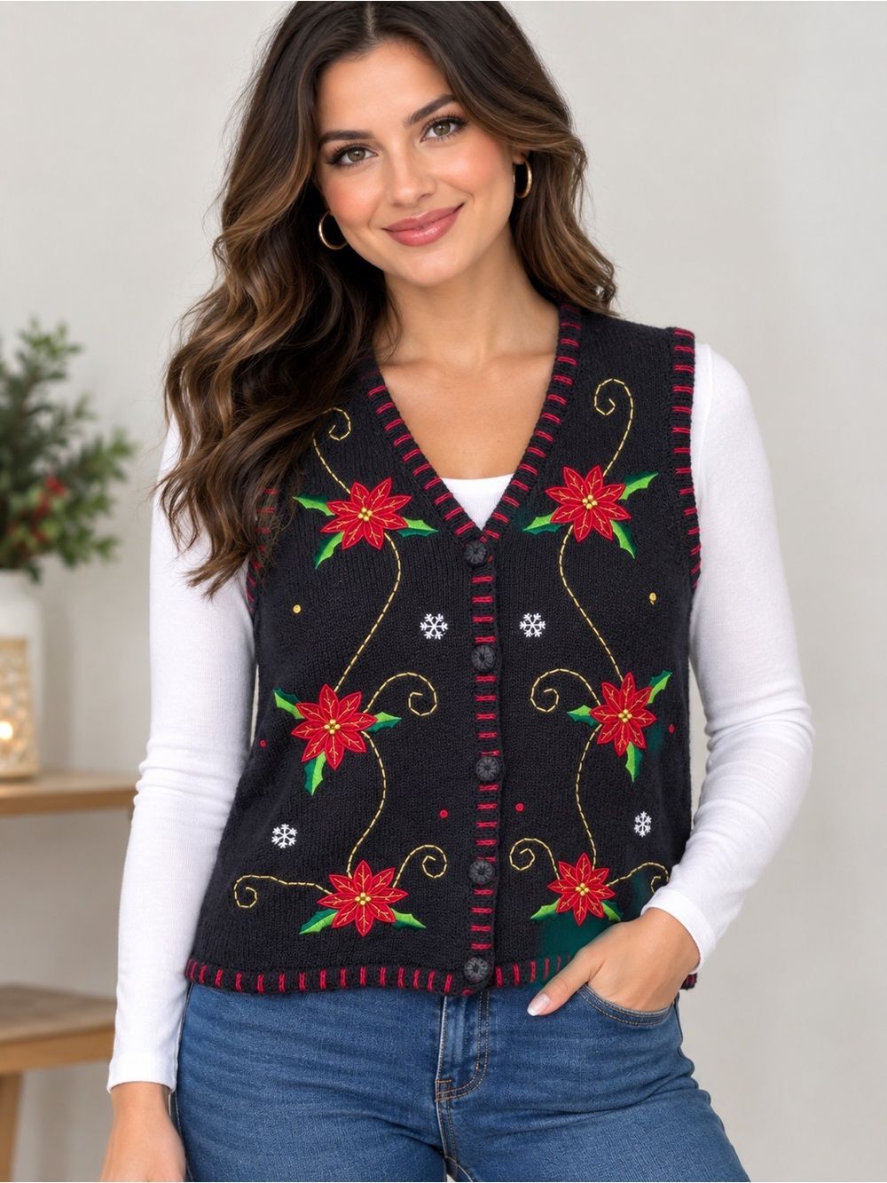 Holiday Editions Women’s Medium Black Sweater Vest with Red Poinsettias !